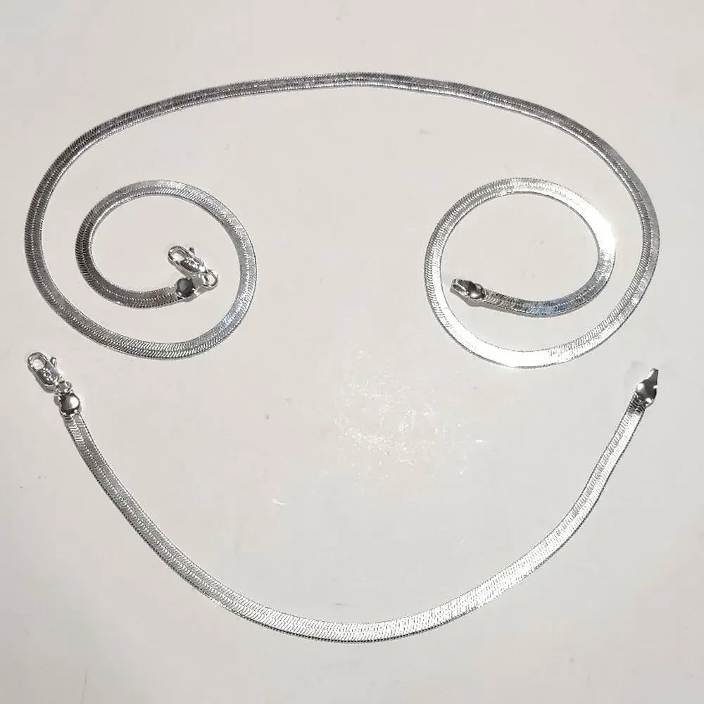 925 Sterling Silver Herringbone Necklace Bracelet Set Bundle Birthday Gift NEW! - Picture 3 of 4